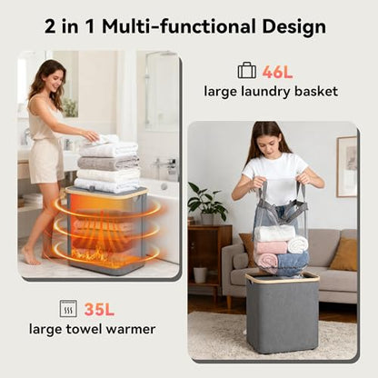 2-in-1 35L Towel Warmer & 46L Laundry Basket, Foldable Towel Warmers for Bathroom, Extra Large Blanket Warmers, Auto Shut Off, Fits 3 Oversized 40"X70" Towels, Ideal