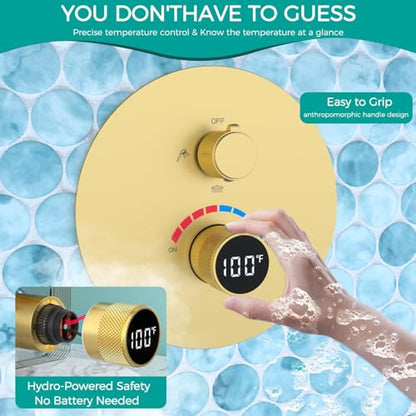 16x26" Rainfall Full Body Digital Shower System with LED Light Remote | Luxury Temperature Display Shower Faucet Set with 4 Body Jets & Dual Function Handheld Shower, Brushed Gold - color: Brushed Gold, style: 16x26"+4 jets