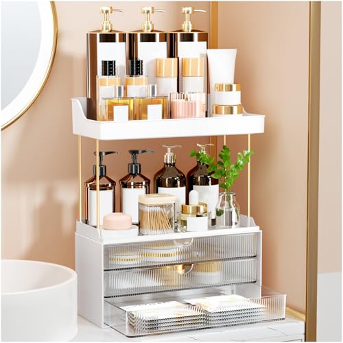 StorBin Arcylic 5-Tier Makeup & Skincare Organizer for Vanity, Bath | Smooth 3 drawers, clear body, gold frame, non-slip, for perfumes, serums, face masks, palettes, vanity & bath counter,Clear - color: Clear, size: 3 Drawers