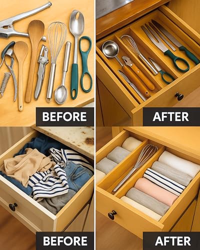 4 Pcs Bamboo Kitchen Drawer Dividers Large 14"-19", Spring Loaded, Works in Kitchen, Adjustable Drawer Organizers, Dresser, Bathroom, Bedroom, Drawer Desk, Office