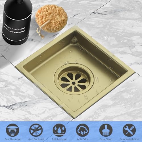 Square Shower Drain 4-Inch with ABS Flange, Brushed Gold, Removable Grille,Bathroom Stainless Steel Shower Floor Drain - color: 4-inch Brushed Gold