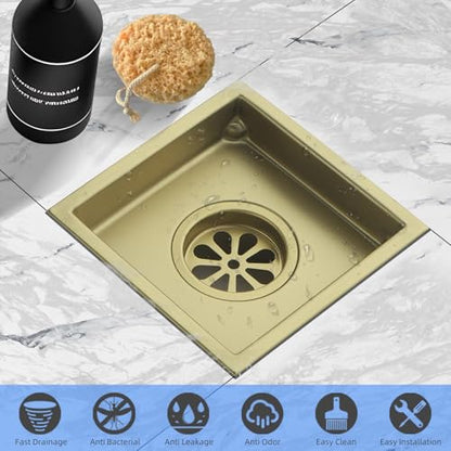 Square Shower Drain 4-Inch with ABS Flange, Brushed Gold, Removable Grille,Bathroom Stainless Steel Shower Floor Drain - color: 4-inch Brushed Gold