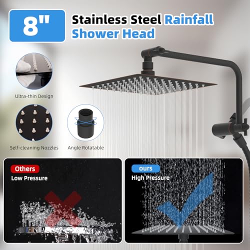 8" Metal Rainfall Shower Head with 10-Mode Handheld, Oil Rubbed Bronze | NSF/ANSI/CAN 372 Certified, High Pressure Showerhead Combo with 11" Adjustable Shower Arm, 71" Hose, Shower Head Holder - color: Oil Rubbed Bronze, style: Square 8"