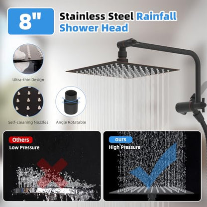 8" Metal Rainfall Shower Head with 10-Mode Handheld, Oil Rubbed Bronze | NSF/ANSI/CAN 372 Certified, High Pressure Showerhead Combo with 11" Adjustable Shower Arm, 71" Hose, Shower Head Holder - color: Oil Rubbed Bronze, style: Square 8"
