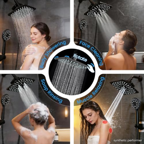 Veken Multi-Function Rain Shower Head with Handheld, High Pressure, Square | Rainfall Showerhead, Dual shower heads Combo, 5-mode Detachable Hand Held Spray with Hose, regaderas para shower, Matte Black - color: Matte Black