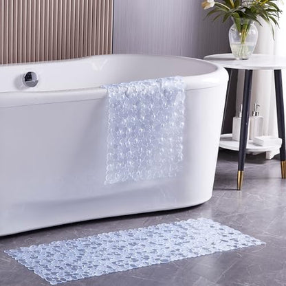 Webos Bath Shower Mat Non Slip: Extra Large Pebble Bathtub mat for Families, Anti Slip Shower Matt with Drain Holes Suction Cups Tub Mat - 16 X 40 Inch Clear - color: Pebble Clear