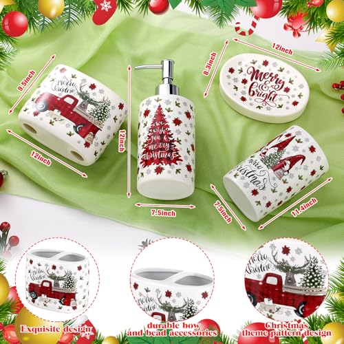 4 Pcs Christmas Ceramic Bathroom Accessories Gifts Xmas Bath Tumbler Xmas Tree Soap Dispenser Toothbrush Holder Soap Tray Merry Christmas Bathroom Decorations(Red and Black Plaid) - style: Red and Black Plaid