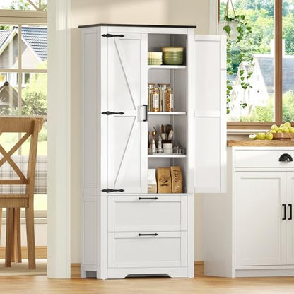 66.1" H Storage Cabinet with 2 Drawers, Farmhouse Kitchen Pantry Cabinet with 2 Doors & Adjustable Shelf, Bathroom Cabinet, for Living Room, Kitchen, Bathroom, White - color: White