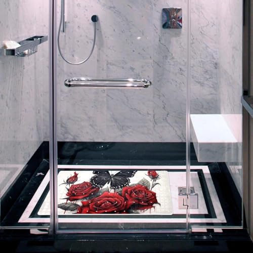 Bath Tub Shower Mat, Washable Bathtub Floor Mats, Suction Cups and Drain Holes to Keep Tubs Clean, Soft on Feet, Bathroom Essentials, 26.8x15.1 Inch, Rose Butterfly - color: Multi 10