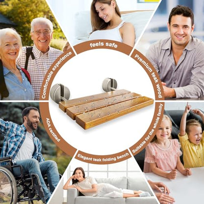 20 Inch Folding Teak Shower Bench - Wall Mounted Space-Saving Shower Seat for Elderly & Adults, Brushed Nickel Cover, 400lb Weight Capacity, Ideal for Shower