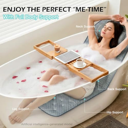 Full Body Bath Pillow for Bathtub, Thick Soft Tub Cushion with Non-Slip Suction Cups Dual Hooks, Luxury Spa Pillow for Neck Back and Hip Support, 53" x 17" - color: Grey