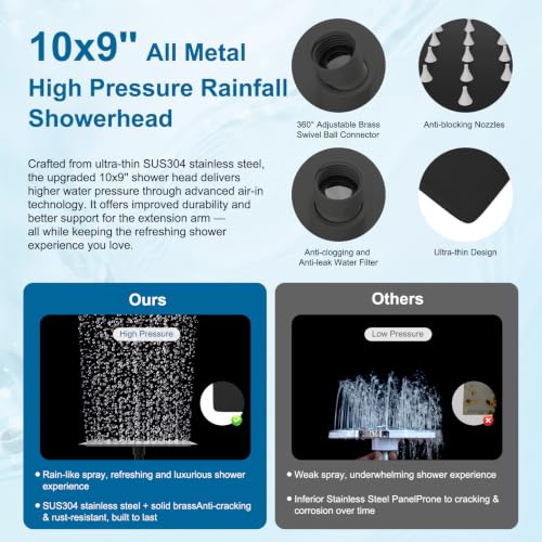 Hibbent Metal 10" High Pressure Rain Shower Head Combo, Oil-Rubbed Bronze | cUPC Certified Rainfall Shower Head with handheld 10 Sprays, 16'' Adjustable Extension Arm, 71'' Hose, Showerhead Holder - color: Oil Rubbed Bronze, style: Square 10''