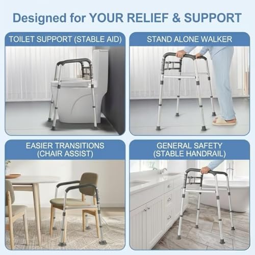 Foldable Toilet Safety Rails & Adjustable Frames for Seniors | Height & width adjustable to fit most toilets. Secure handles & suction cups provide maximum safety for the disabled elderly. - color: Gray
