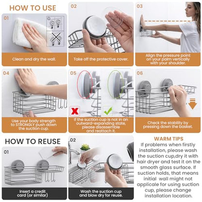 Shower Caddy Suction Cup, 2 Pack Shelves for Inside with Hooks | Grey Shower Storage, Soap Holder, Shampoo Holder, NO Drill Shower Holder, Rustproof Meatl Bathroom Basket - color: 2 X Grey