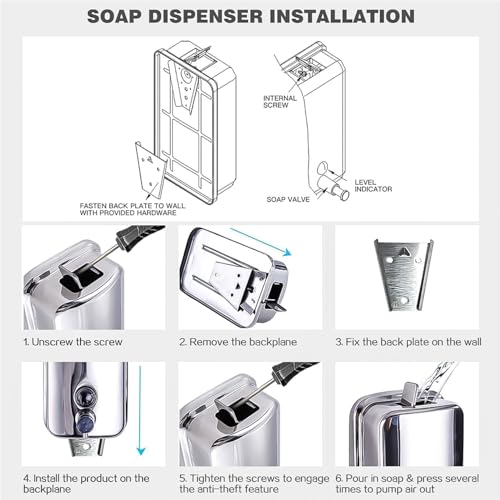 Stainless Steel Hand Soap Dispenser for Bathroom Kitchen 35fl oz/1000ml Wall Mount Liquid Soap Dispensers 8183 - size: 1000ml