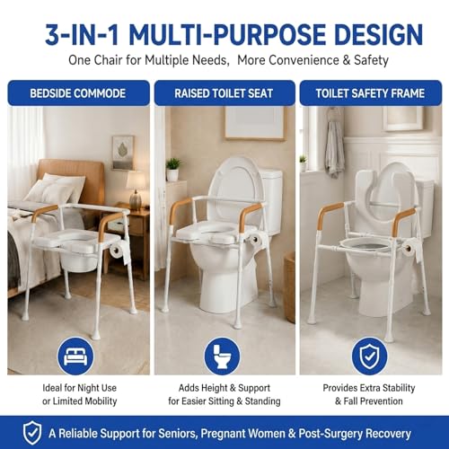 3-in-1 Bedside Commode for Seniors | 350lbs Reinforced Iron, Padded Seat & Arms, Height Adjustable Toilet Rails, Raised Toilet Seat with Bucket & Splash Guard
