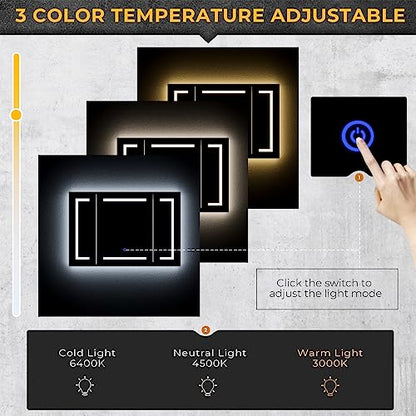 Hasuit Lighted Medicine Cabinet with Mirror, Wall Mounted Bathroom Mirror with Storage, 3 Doors Bathroom Wall Cabinet with LED Lights, 39.4'' x 23.6'' - size: 39.4'' x 23.6'' With 3 Doors
