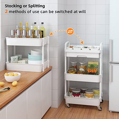 Calmootey 3-Tier Rolling Utility Cart with Drawer,Multifunctional Storage Organizer with Plastic Shelf & Metal Wheels,Storage Cart for Kitchen,Bathroom,Living Room,Office,White | Space-Saving Organizer, Sturdy Plastic Shelves, Smooth-Rolling Metal Wheels,