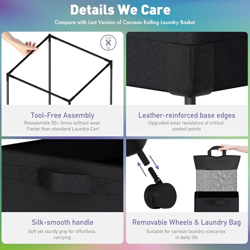 Caroeas Next-Gen 105L Matel Frame Laundry Basket with wheels, Heavy Duty Tall Rolling Laundry Hamper with Removable Wash Bag, Collapsible Freestanding Clothes Hamper (100L,Black,1Pack) - color: Black