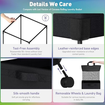 Caroeas Next-Gen 105L Matel Frame Laundry Basket with wheels, Heavy Duty Tall Rolling Laundry Hamper with Removable Wash Bag, Collapsible Freestanding Clothes Hamper (100L,Black,1Pack) - color: Black