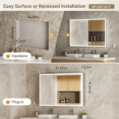 48x30 LED Medicine Cabinet Mirror with Double Lights-Front & Backlit, 155°Soft-close Hinge, Surface or Recessed Dimmable Lighted Medicine Cabinet Mirror with Clock Outlet Inner Light,Anti-fog - size: 48x30'' (Cabinet)