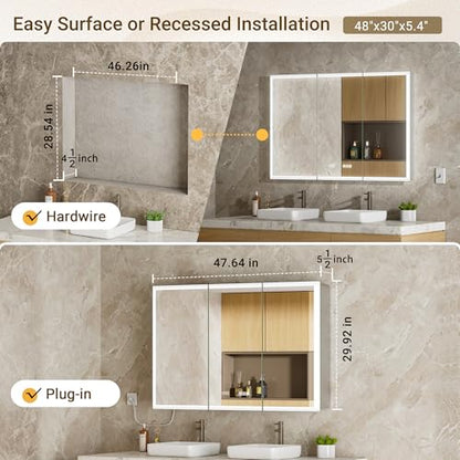 48x30 LED Medicine Cabinet Mirror with Double Lights-Front & Backlit, 155°Soft-close Hinge, Surface or Recessed Dimmable Lighted Medicine Cabinet Mirror with Clock Outlet Inner Light,Anti-fog - size: 48x30'' (Cabinet)