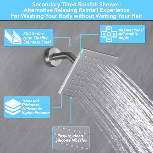 VANFOXLE Shower System, Brushed Nickel Shower Faucet Set, Push Button Valve | 16 Inch Ceiling Mount Rain Head, 6 Inch Wall Mount Head, 2-in-1 Handheld Sprayer, Solid Brass Valve, Rust Resistant - color: Brushed Nickel, style: 16"+6" Head