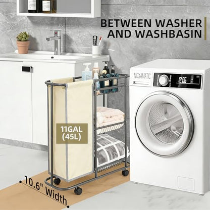 Rolling Laundry Basket with Wheels and Handle,3 Storage Baskets, 45 L Bag | Heavy Duty Laundry Cart, Space Saving Laundry Room Organization - color: Beige