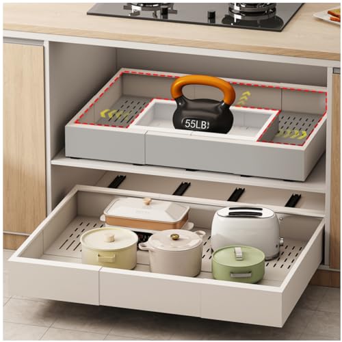Pull out Cabinet Organizer,Width (23"-31") and Depth (17"-24") Expandable With 5 Rails,No Drill Adjustable Slide out Drawers for Kitchen,Pantry,Adhesive Roll out Shelves,for Cabinets Without Lip,White - color: White, size: (23"W-31"W)X(17"D-24"D)