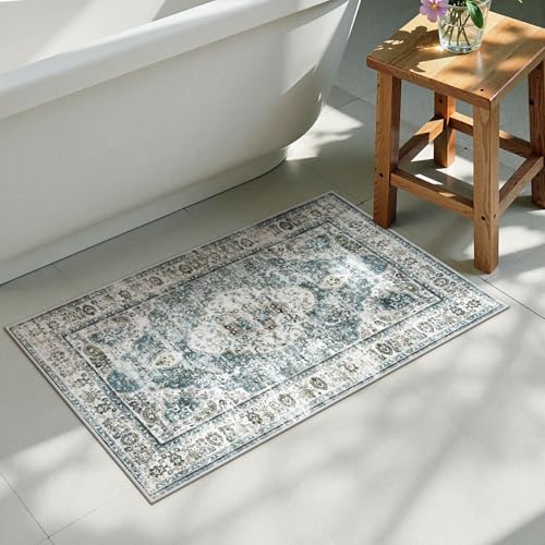 Uphome Boho Bathroom Rugs, Distressed Farmhouse Blue Bath Mat, Comfy Velvet Small Bath Rugs Non Slip Washable, Vintage Oriental Toilet Rug for Sink Shower Vanity, 20x32 inch - color: Blue, size: 20 x 32 inch (Rectangular)