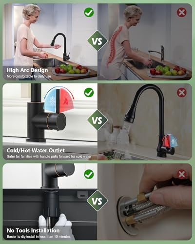 VFAUOSIT Kitchen Faucet with Pull Down Sprayer, Oil Rubbed Bronze | Cold-Start Safety, 3 Spray Modes, 360° Swivel, cUPC/CEC Certified, Fingerprint-Resistant Finish, Premium Ceramic Disc Valve - color: Oil Rubbed Bronze