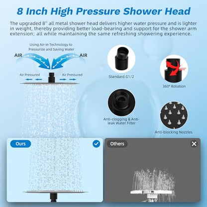 Hibbent High Pressue All Metal 8" Rainfall Shower Head, Handheld 10-Spray | cUPC Certified Matte Black Dual Showerhead Combo, 4-way Diverter with Pause Mode, Brass Extension Arm, 71'' Hose & Holder - color: Matte Black, style: Square 8"