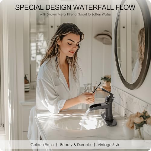 Brass Oil Rubbed Bronze Bathroom Faucet Waterfall Bathroom Sink Faucet 1 Hole or 4 Inch 3 Hole, Single Handle with Deck Plate, Pop-up Drain, cUPC Supply Lines for Vanity, 5 Mins Quick Install - color: Oil Rubbed Bronze
