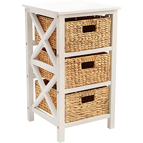 3 Tier X-Side End Table, White | 3 Wicker Baskets, For Bedside, For Living Room - color: White, size: 14"D x 14"W x 25"H (3 Drawers)