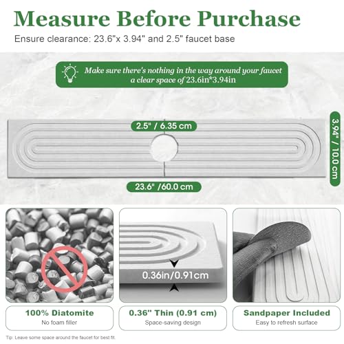 Stone Drying Mat for Kitchen Faucet: Diatomite Stone Drying Tray - Fast Water Absorbent Kitchen Sink Splash Guard for Bathroom Faucet & Counter - Ideal for Moms & Housewife (White, 23.6" x 3.94")