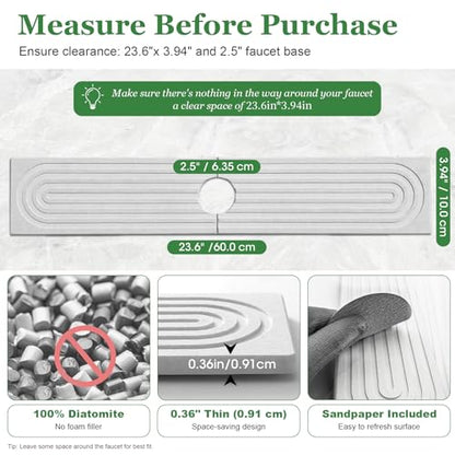 Stone Drying Mat for Kitchen Faucet: Diatomite Stone Drying Tray - Fast Water Absorbent Kitchen Sink Splash Guard for Bathroom Faucet & Counter - Ideal for Moms & Housewife (White, 23.6" x 3.94")