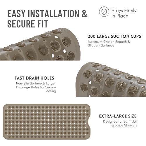 Bathtub Mat Non-Slip – 39" x 15.5" Extra Long Shower Mat with Suction Cups, BPA Free & Machine Washable, Textured Bath Mat for Tub, Ideal for Kids, Seniors & Pregnant Women, Clear Brown - color: Light Gray