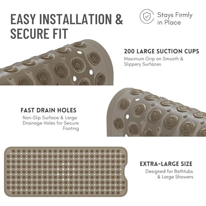 Bathtub Mat Non-Slip – 39" x 15.5" Extra Long Shower Mat with Suction Cups, BPA Free & Machine Washable, Textured Bath Mat for Tub, Ideal for Kids, Seniors & Pregnant Women, Clear Brown - color: Light Gray