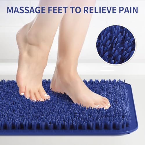 Yolife Shower Foot Scrubber Mat, Anti-Slip Bath Mat with Scrub Bristles, Soft Shower Foot Massager with Strong Suction Cups for Soothe Achy Feet (Navy Blue, 25.6" x 13.4") - color: Navy Blue, size: 25.6" x 13.4" (Rectangular)