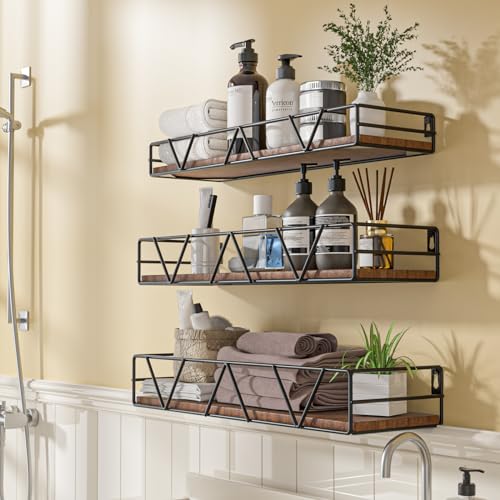 Floating Shelves Set of 3, Wood Wall Shelf, Farmhouse Shelf for Bedroom | Wall Mounted Floating Shelf for Living Room, Bedroom, Bathroom, Kitchen, Office - color: Black