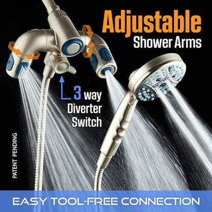 AquaCare Polaris 208-mode High Pressure Shower Head Combo with Hydro Arms | Luxury 3-way 14-zone System with 370 Stay-clean Power Jets, Handheld Magnetic Docking & 6 ft. Stainless Steel Hose / Nickel - color: Nickel