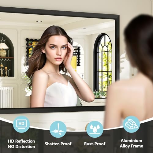 60x40 Inch Black Bathroom Mirror for Wall, Beveled Framed Rectangle Bathroom Vanity Mirrors for Over Sink, Bedroom, Living Room, Entryway, Anti-Rust, HD Tempered Glass, Horizontally/Vertically - size: 60"L x 40"W