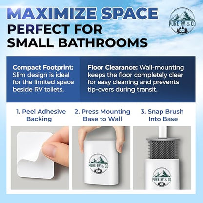 RV Tank Treatment Toilet Brush, Wall Mounted Holder & Septic Safe, Non-Scratch Silicone Flexible D-Head with Durable Long Handle for RVs,Trailers & Camper Bathrooms