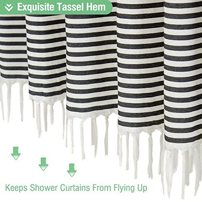 Stall Fabric Shower Curtain - 54x78 Modern Farmhouse Black and White Boho Striped Cloth Shower Curtain with Tassels, Hotel Luxury Bathroom Shower Curtain Set with 10 Hooks - color: Black, size: 54"W x 78"L (Pack of 1)