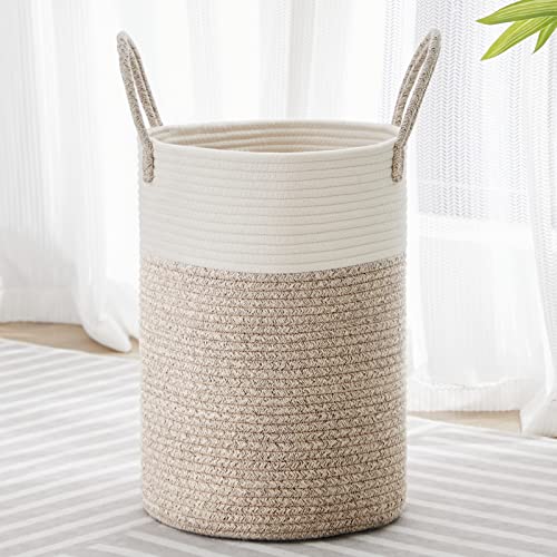 VIPOSCO 30L Small Woven Laundry Basket Hamper, White Brown | Cotton rope laundry hamper, collapsible wicker basket, storage for blanket, toys, dirty clothes, for bedroom, bathroom - color: Brown, size: 30L