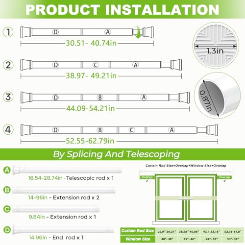 2 Pack Tension Curtain Rods 31-62 Inch Adjustable Spring Tension Rods 7/8 Inch Diameter White Shower Curtain Rod No Drilling for Window, Bathroom, Closet, Room Divider - color: White, size: 31" to 62"-2Pcs