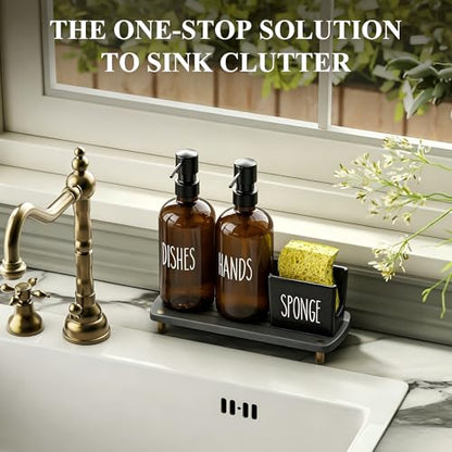 Cisily Amber Kitchen Soap Dispenser Set with Ceramics Sponge Holder | Black Metal Pump Head, Quick-Drying Soil Plate - color: Brown Bottle+black Pump + Black Sponge Holder