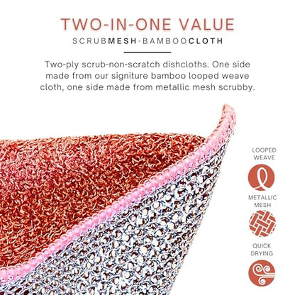 Scrubbing Dishcloths 2ply Mesh Scrub Reusable Dishrag 6pk 6x7in | 2-Sided Bamboo-Rayon Kitchen Cloth + Silver Mesh, Non-Scratch, Thin, Ultra-Light, Durable, Fast-Drying, Odorless, Washable - color: Sunset Solids, size: 6" x 7" -6 Pack