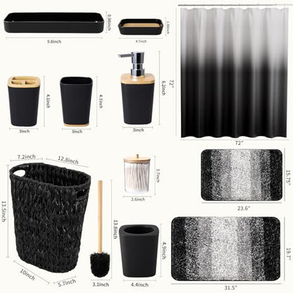 XLHOMO Black Bathroom Accessories Set with Wicker Trash Can Shower Curtain and Rugs,Bathroom Sets Small Waste Basket Bathroom Trash Can for Bedroom Bathroom - size: Wicker Bathroom Set+Shower Curtain+Bath Rugs, style: Black