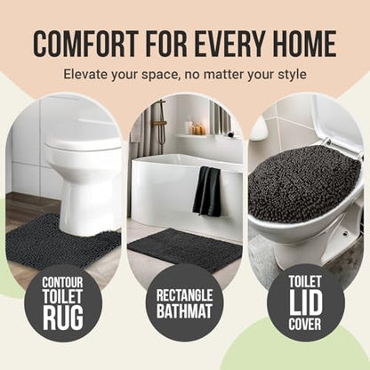 ITSOFT Standard 3pc Non-Slip Shaggy Chenille Bathroom Mat Set, Includes 24"x21" U-Shaped Contour Toilet Rug, 34"x21" Bathmat and 1 Toilet Lid Cover, Charcoal Gray - color: Charcoal Gray, size: 24''x21’’, 34’’x21’’ and TLC (Set)